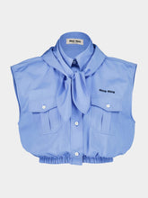Miu Miu Blue Sleeveless Shirt with Bow Neck