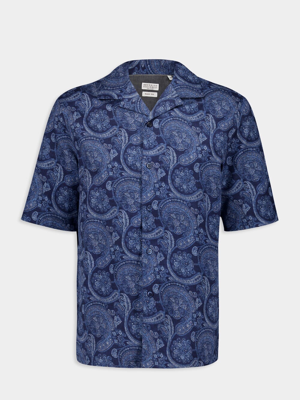 Marine Paisley Linen Camp Collar Shirt