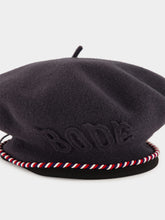 Bode Charcoal Script Beret with Red and Blue Piping