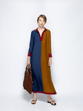 Paula Siena Navy Caramel Silk V-Neck Long Dress