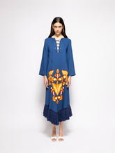 Paula Onyx Estate Blue Chenille Embroidered Dress with Fringes