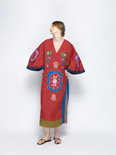 Paula Cinnabar Red Dahlia Linen Dress with Embroidered Patches