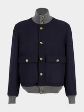 Brunello Cucinelli Navy Wool Jacket with Grey Knit Trim