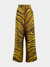 Paula Nuria Tigerstripes Wide-Leg Printed Pants with Velvet Trim