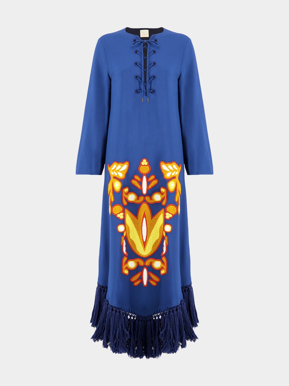 Onyx Estate Blue Chenille Embroidered Dress with Fringes