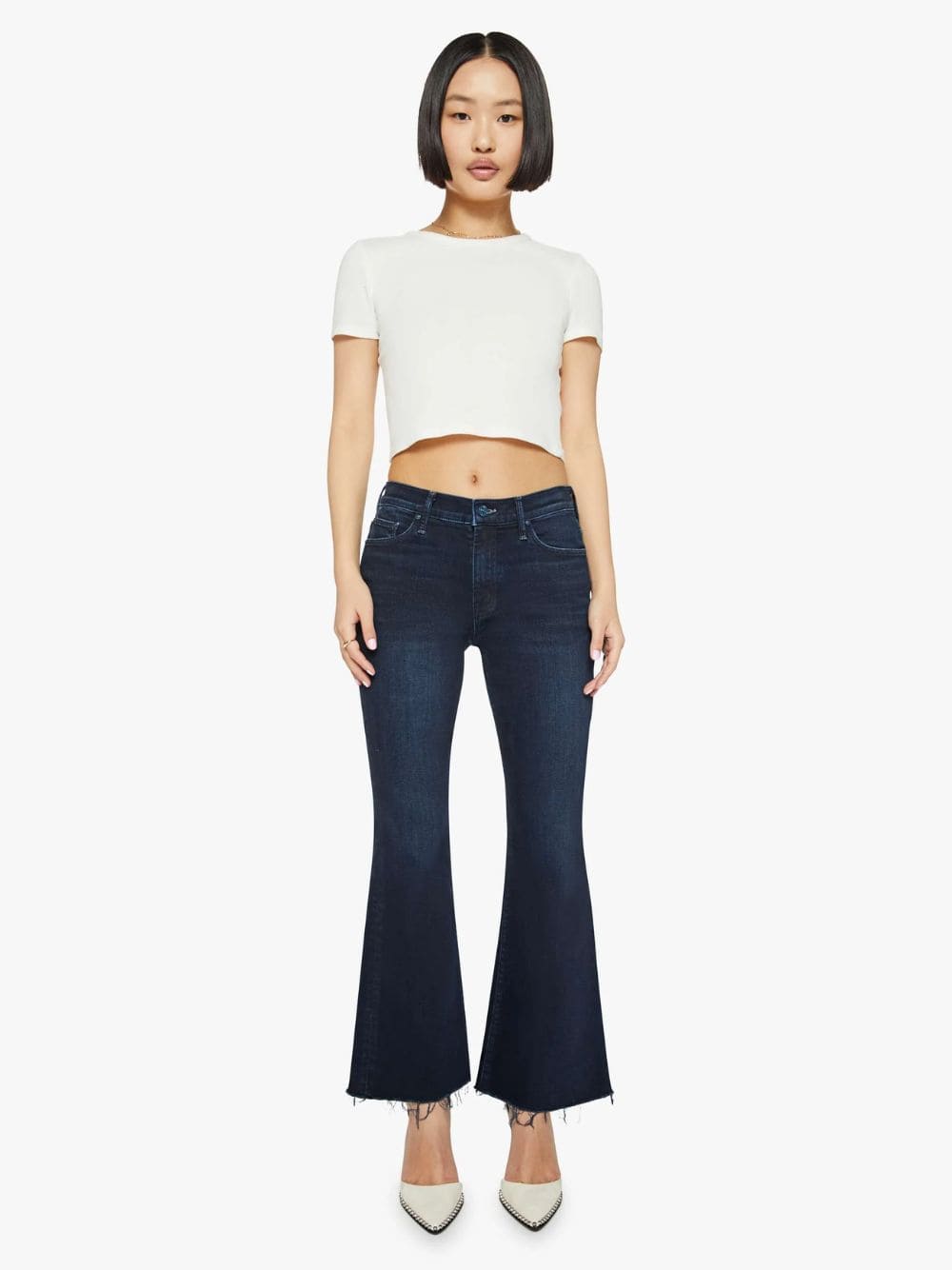 Dark Blue Petite Flare Jeans with Frayed Hem