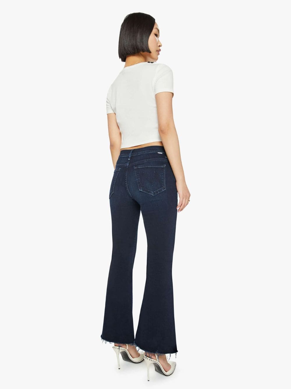 Dark Blue Petite Flare Jeans with Frayed Hem