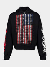 Palm Angels Black Full-Zip Hooded Sweatshirt with Flames Flag