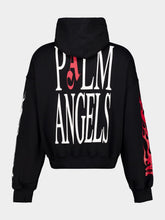 Palm Angels Black Full-Zip Hooded Sweatshirt with Flames Flag