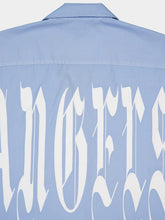 Palm Angels Light Blue Gothic Print Bowling Shirt
