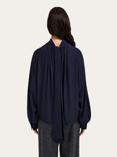 Ferragamo Navy Blue Gathered Top with Shoulder Slit Detail