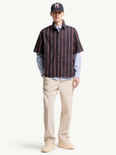 Moncler Navy Blue and Red Striped Cotton Poplin Short Sleeve Shirt