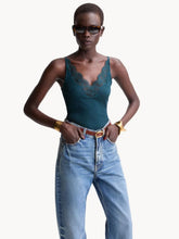 Saint Laurent Vert Iraty Lace-Trim Ribbed Silk Tank Top