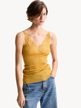 Saint Laurent Saffron Yellow Lace-Trimmed Silk Tank Top