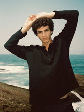 Commas Black Sheer Stripe Linen Henley