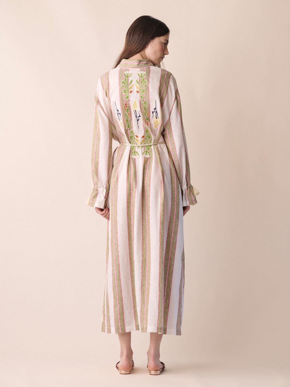 Almandine Linen Striped Dress With Embroideries