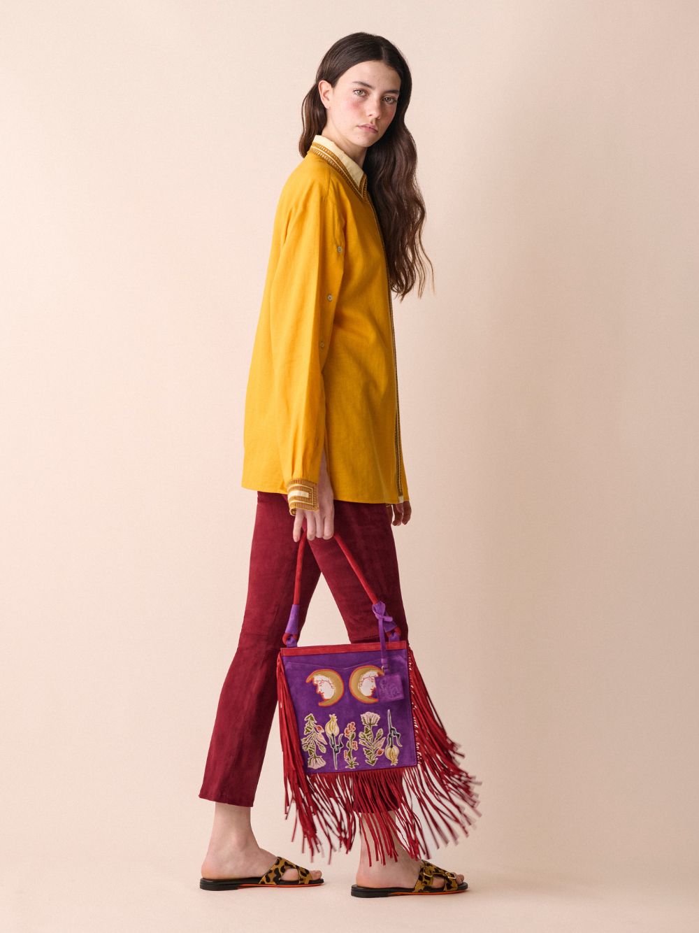 Aquila Embroidered Suede Bag with Fringes