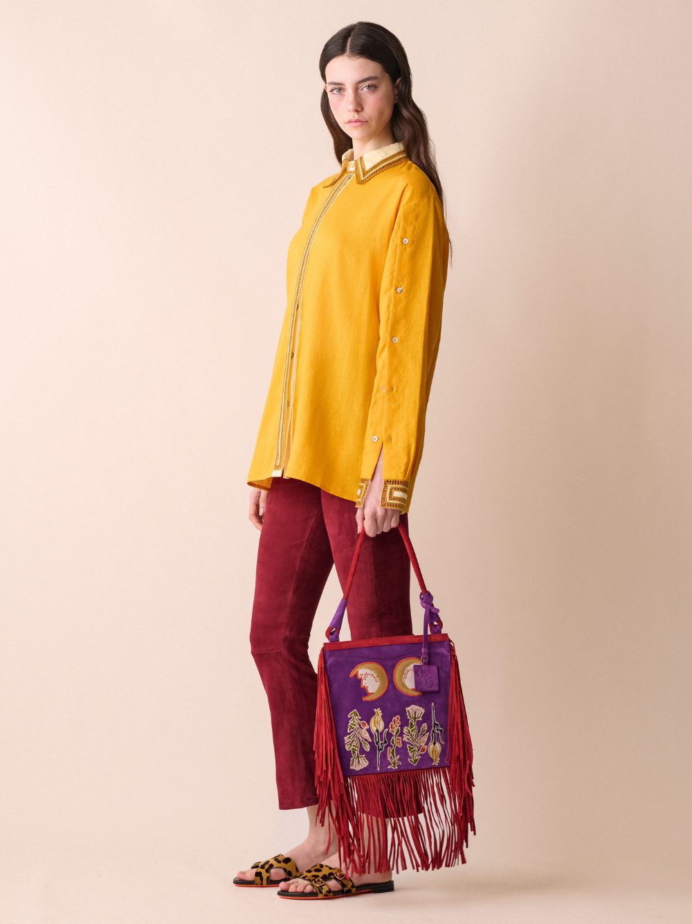 Aquila Embroidered Suede Bag with Fringes