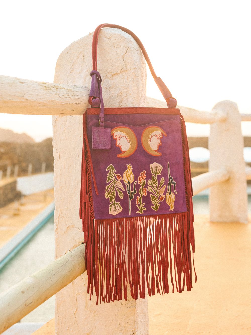 Aquila Embroidered Suede Bag with Fringes