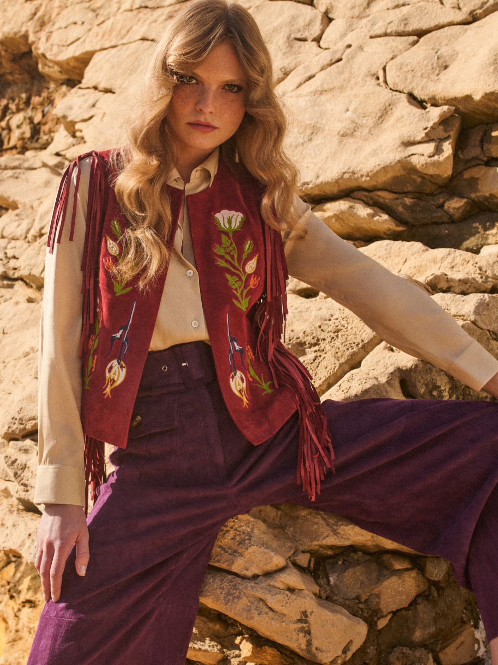 Cassiopeia Embroidered Suede Vest with Fringes