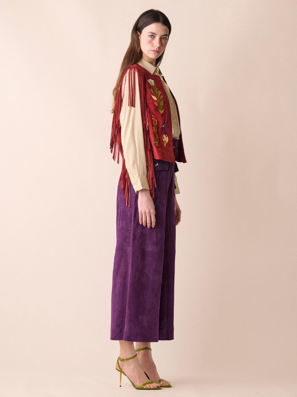 Cassiopeia Embroidered Suede Vest with Fringes