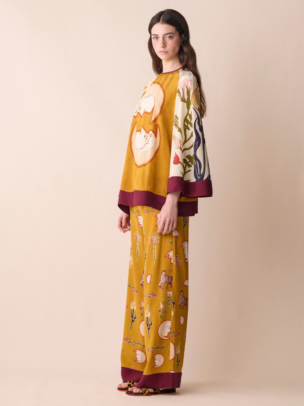 Libra Printed Silk Crepe Top With Bell Sleeves