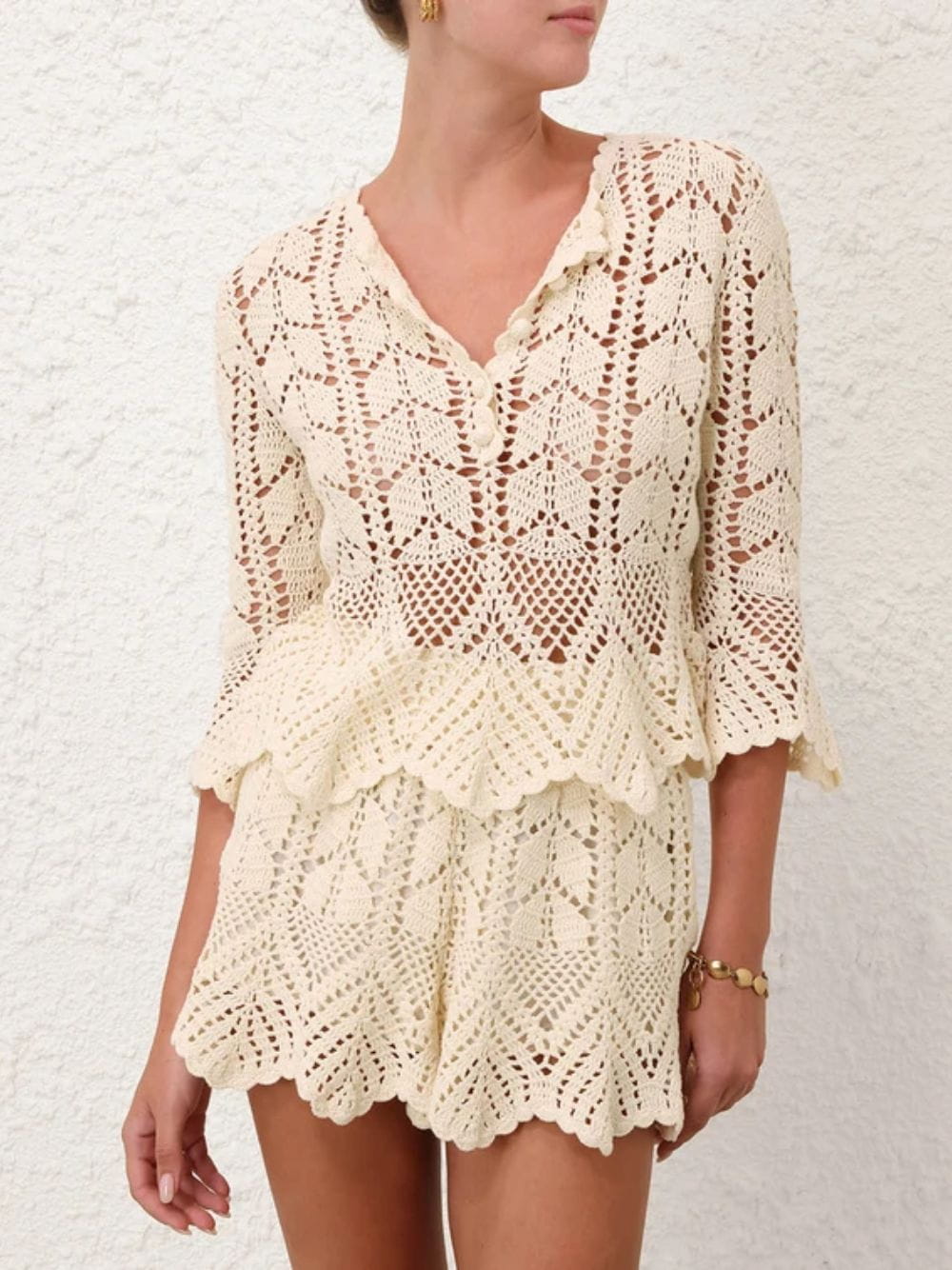 トップス andmary Peplum crochet knit set up beige Zimmermann Awaken Cream Lace Crochet Peplum Top | Fashion Clinic