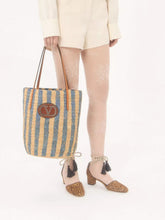 Valentino Garavani Natural and Blue Striped Raffia Shopping Bag