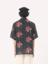 Valentino Garavani Black Linen Bowling Shirt with Red Papier Floral Print