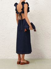 Zimmermann Ink Blue Aster Denim Frill Midi Dress