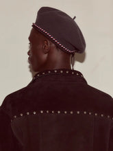 Bode Charcoal Script Beret with Red and Blue Piping