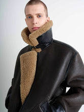 Espresso Shearling Coat with Contrasting Leather Trim