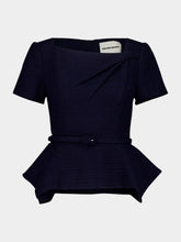Roland Mouret Navy Bouclé Asymmetrical Twist Peplum Top