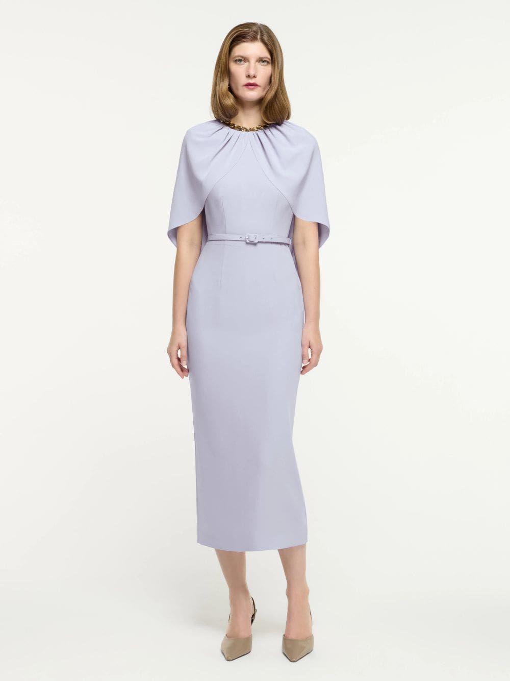 Lavender Satin Crepe Cape Midi Dress