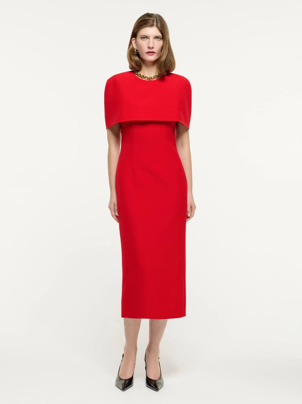 Red Cape Crepe Midi Dress