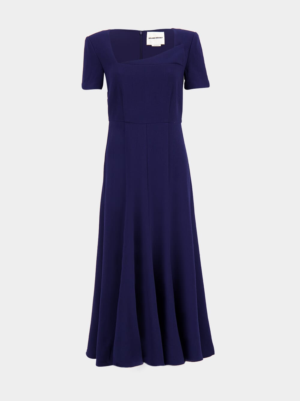 Navy Short Sleeve Wool Crepe Midi Dress