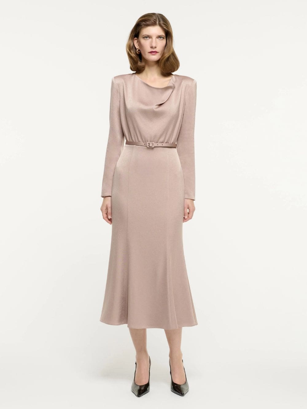 Beige Cowl Drape Satin Crepe Midi Dress