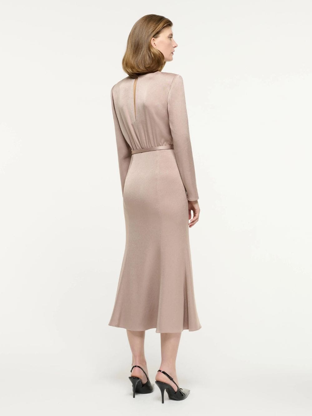 Beige Cowl Drape Satin Crepe Midi Dress