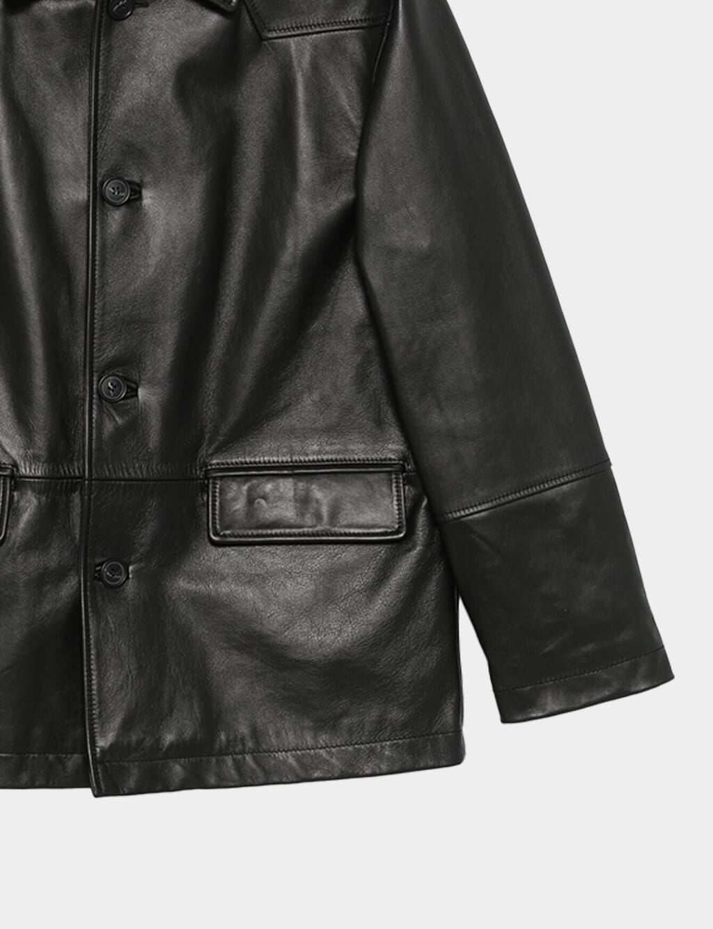 Black Leather Button-Up Jacket