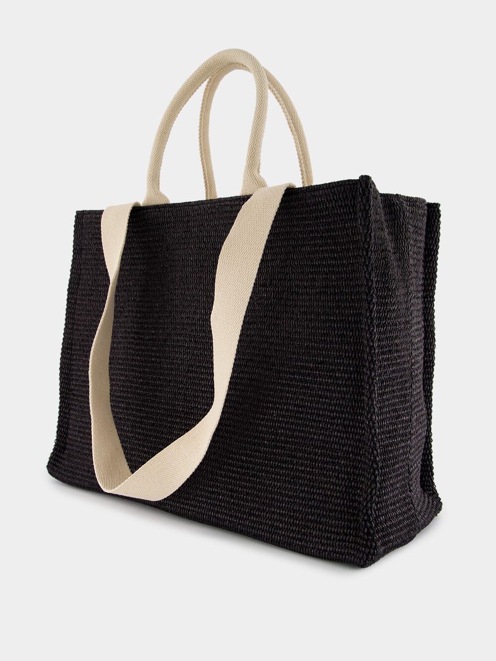 Black Raffia-Effect Shopping Tote