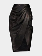 Balmain Black Draped Lambskin Midi Skirt