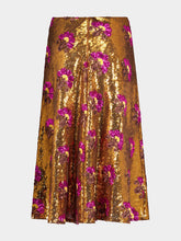 La DoubleJ Gold Sequin Floral Midi Skirt