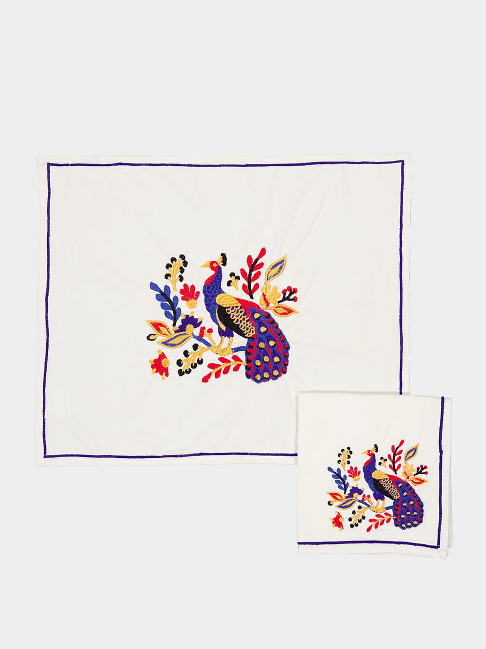 Tropical Embroidered peacock napkin and placemat set