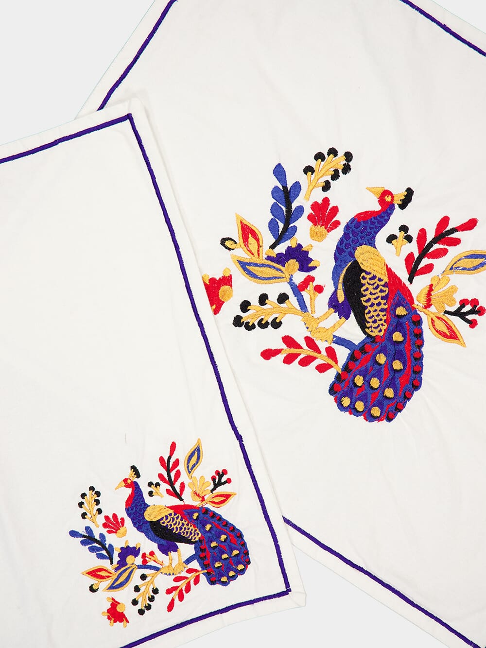 Tropical Embroidered peacock napkin and placemat set