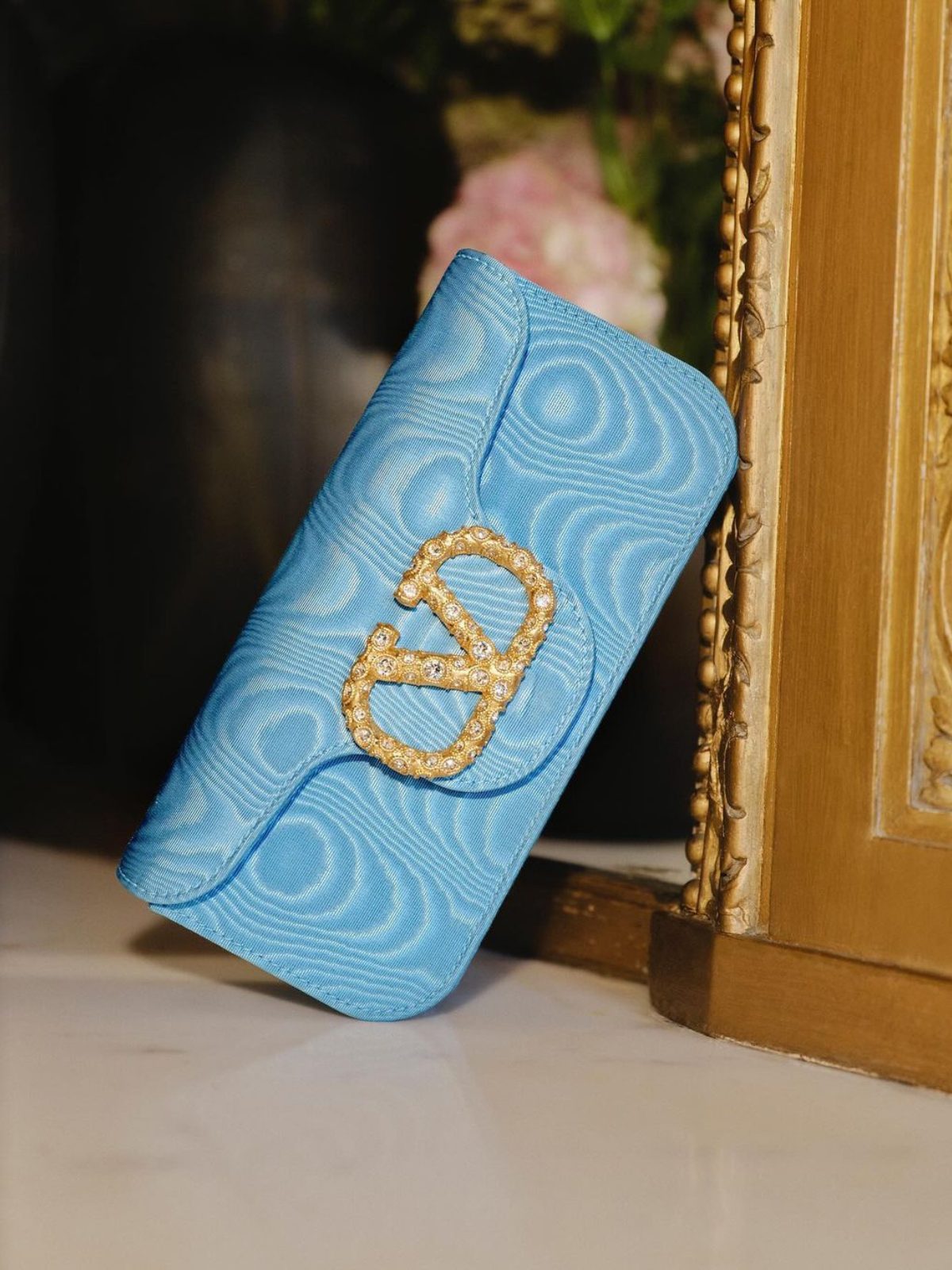 Blue Locň Moiré Fabric Clutch with Jewel Logo