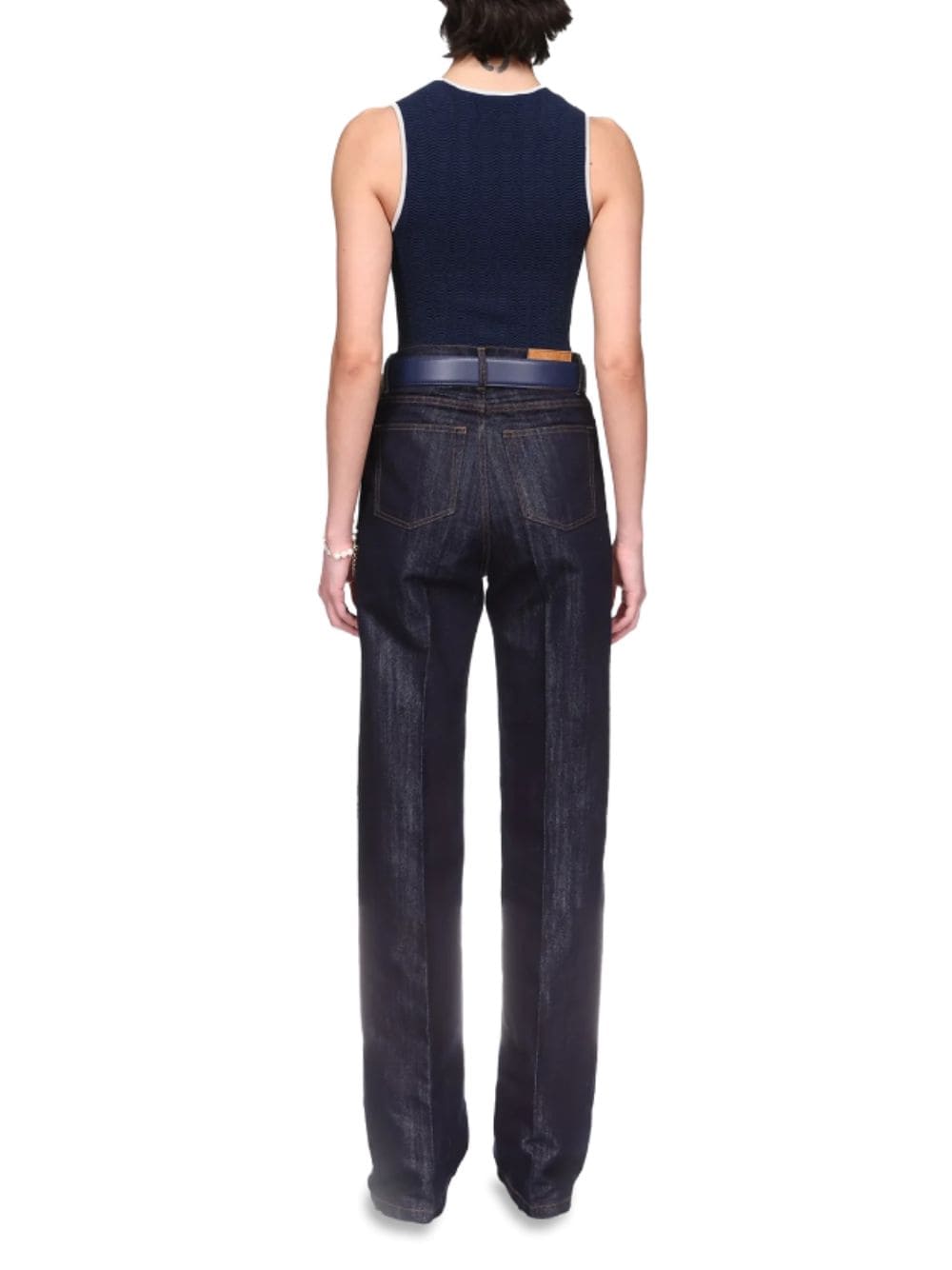 Navy Blue Washed Indigo Silver Lurex Wide-Leg Jeans