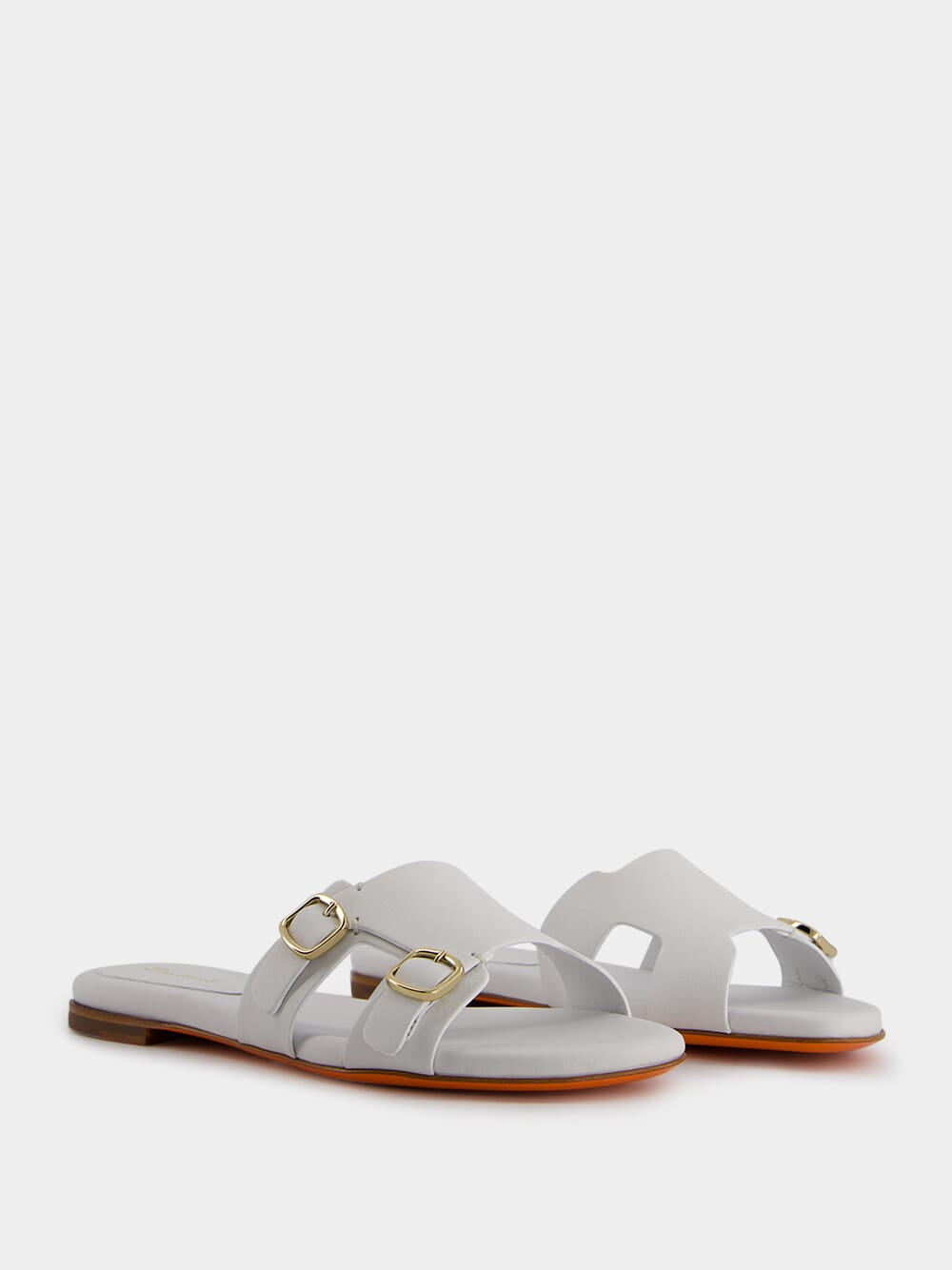 Double-Buckle White Leather Slides