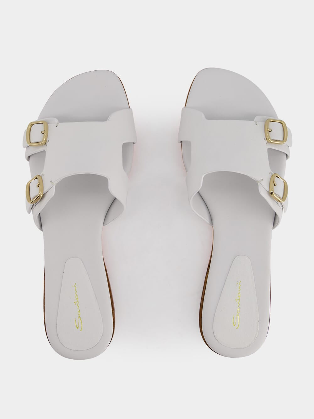 Double-Buckle White Leather Slides