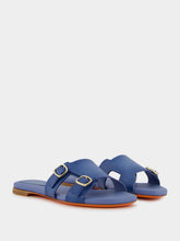 Santoni Double-Buckle Blue Leather Slides