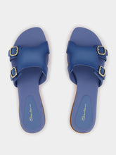 Santoni Double-Buckle Blue Leather Slides